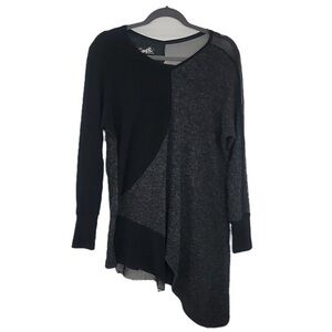 Sympli Tangent Tunic Sweater Mixed Media Lagenlook Hem Mesh Sleeve Knit Top